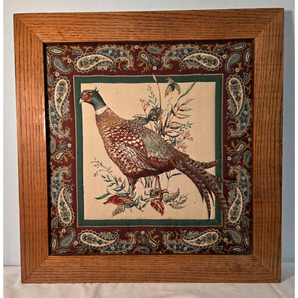 Vintage Framed Pheasant Textile Wall Art Rustic Country Decor
